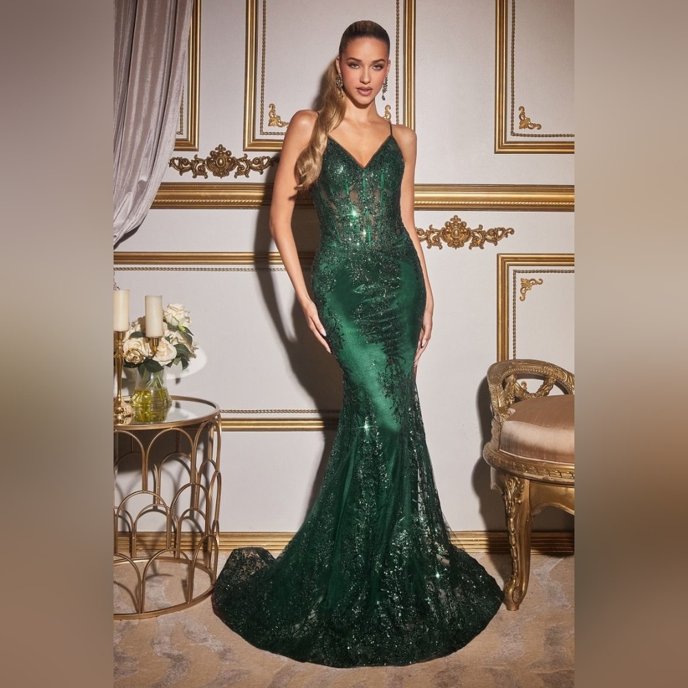 Fitted Floral Glitter Print Corset Gown Emerald Green J810